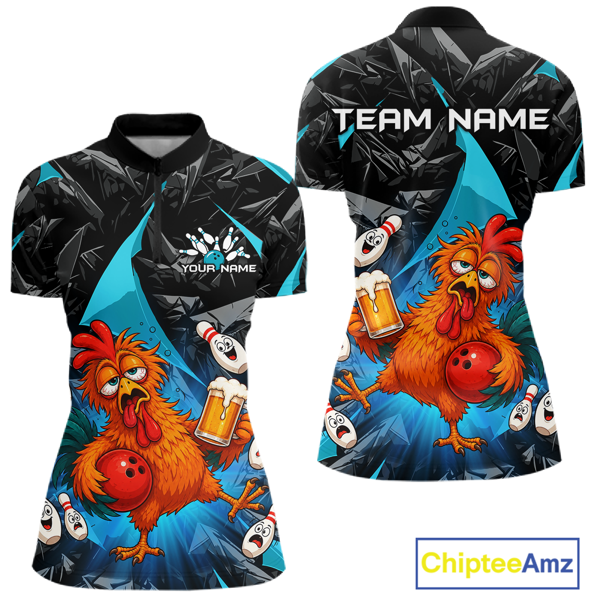 Front and back views of a black and turquoise bowling polo featuring a wild rooster mascot holding a beer mug and red bowling ball, with custom team text.