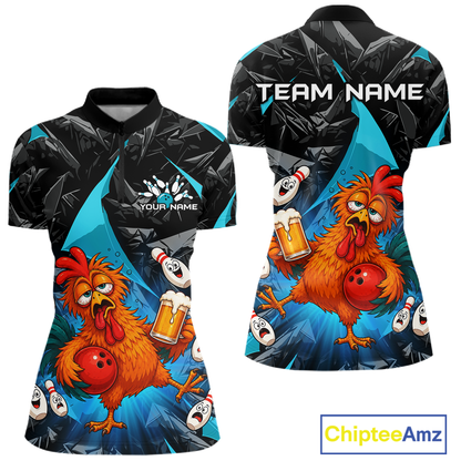 Front and back views of a black and turquoise bowling polo featuring a wild rooster mascot holding a beer mug and red bowling ball, with custom team text.