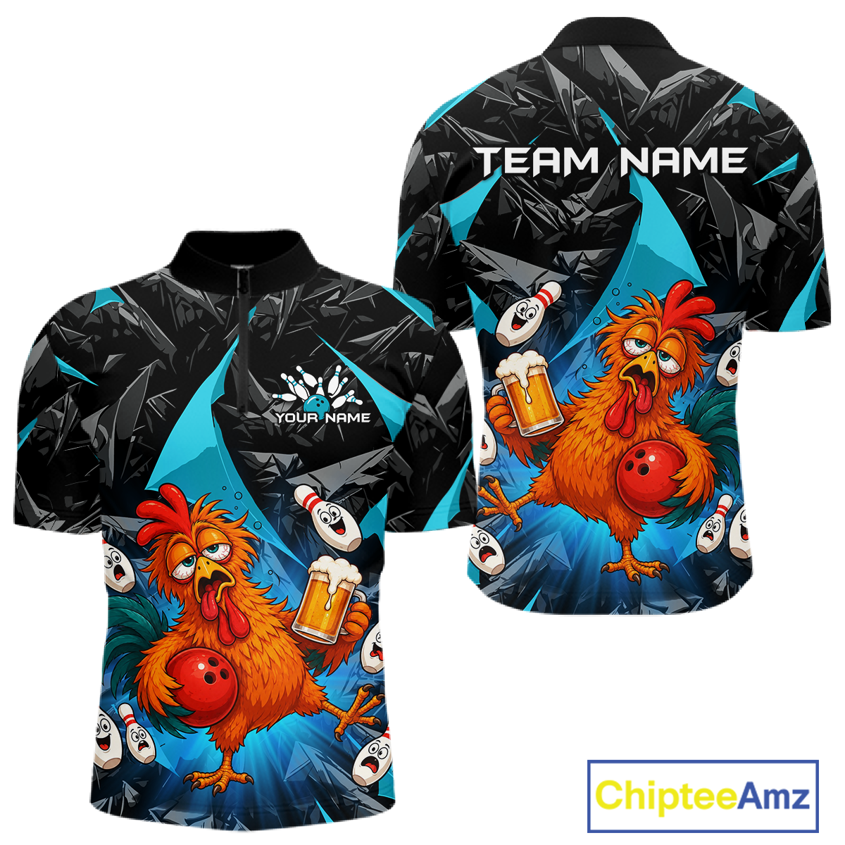 Front and back views of a black and turquoise bowling quarter zip featuring a wild rooster mascot holding a beer mug and red bowling ball, with custom team text.