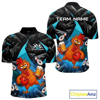 Front and back views of a black and turquoise bowling quarter zip featuring a wild rooster mascot holding a beer mug and red bowling ball, with custom team text.