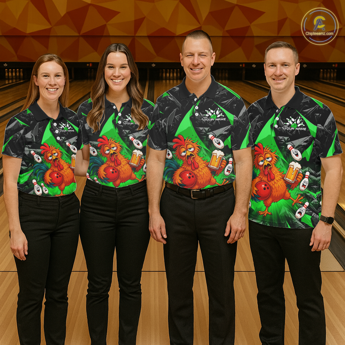 Four people wearing black and green bowling polo featuring a wild rooster mascot holding a beer mug and red bowling ball, with custom your name text.