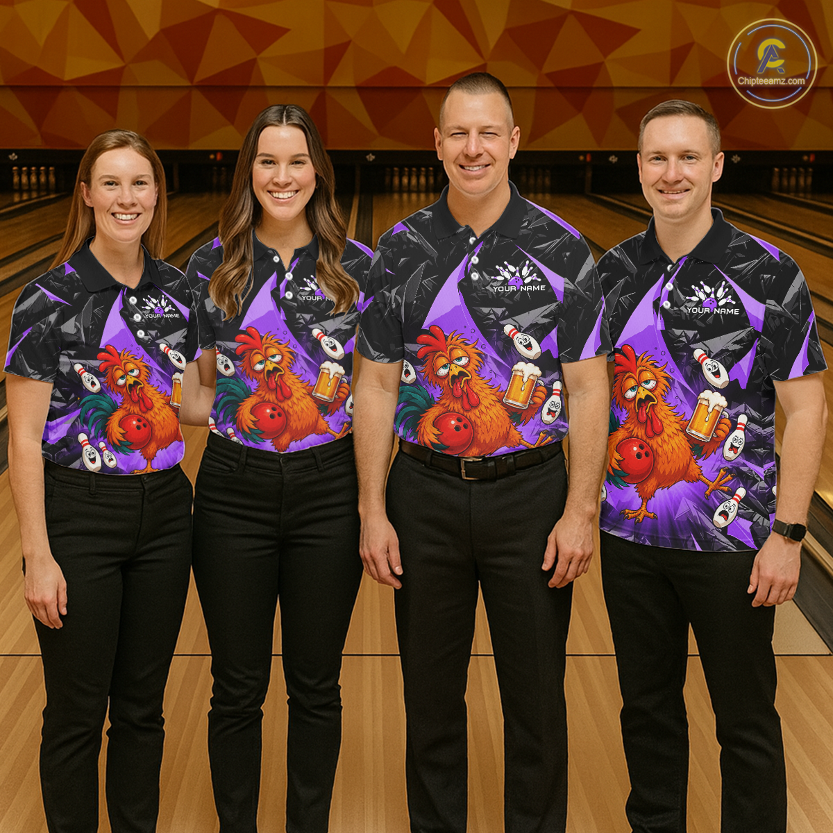 Four people wearing black and purple bowling polo featuring a wild rooster mascot holding a beer mug and red bowling ball, with custom your name text.