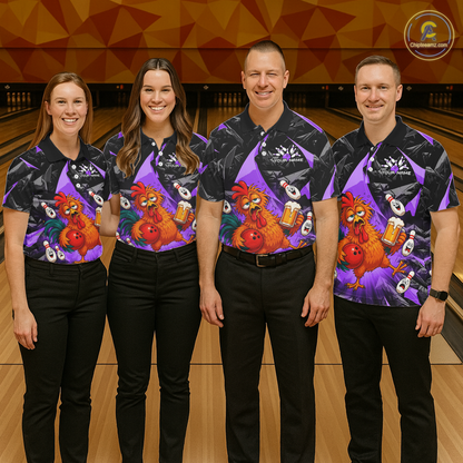 Four people wearing black and purple bowling polo featuring a wild rooster mascot holding a beer mug and red bowling ball, with custom your name text.