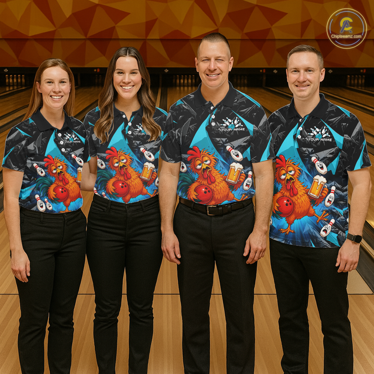 Four people wearing black and turquoise bowling quarter zip featuring a wild rooster mascot holding a beer mug and red bowling ball, with custom your name text.