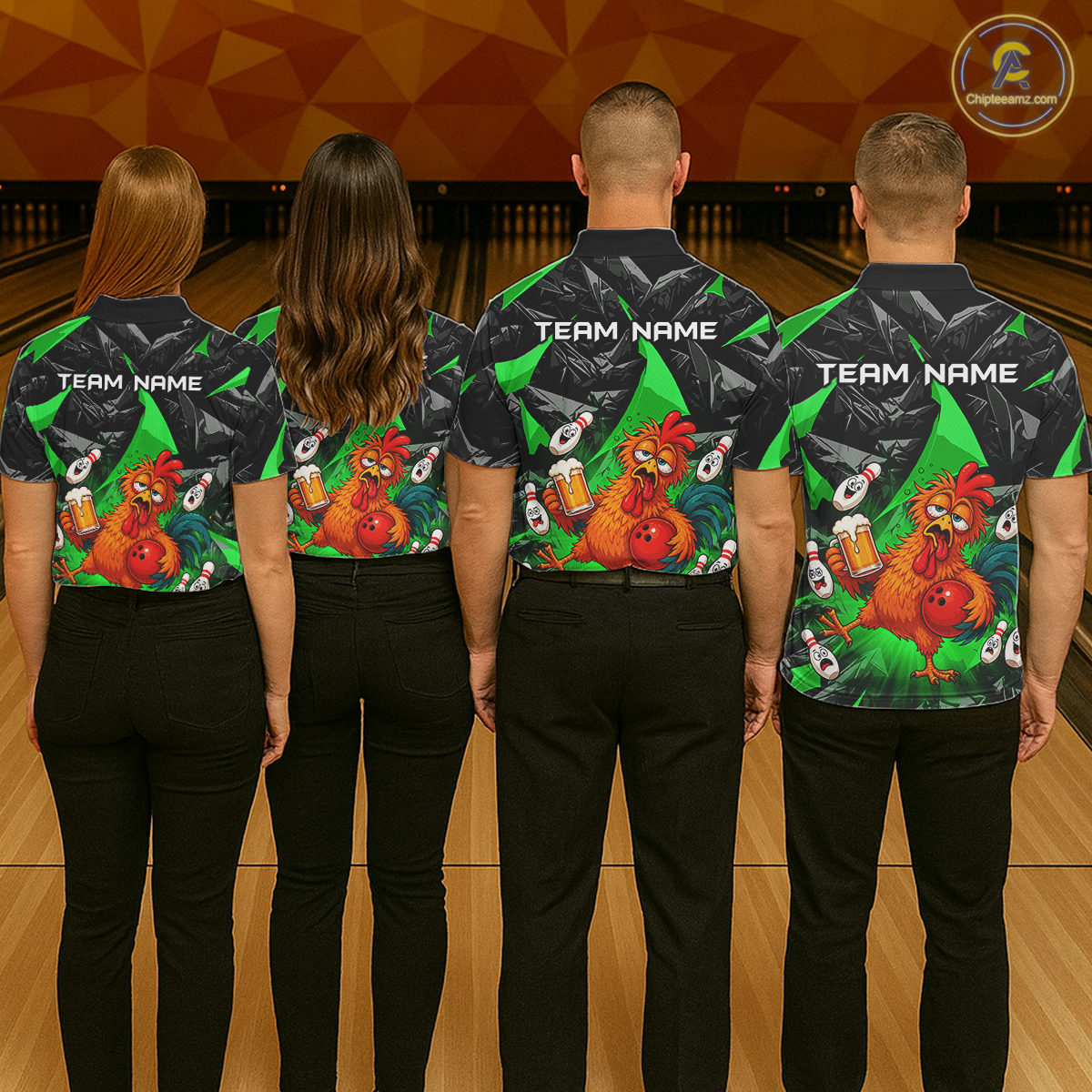 Four people wearing black and green bowling quarter zip featuring a wild rooster mascot holding a beer mug and red bowling ball, with custom your name text.