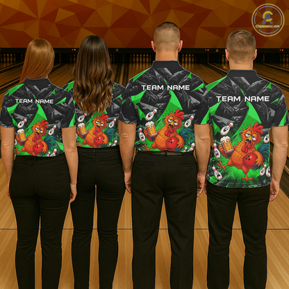 Four people wearing black and green bowling quarter zip featuring a wild rooster mascot holding a beer mug and red bowling ball, with custom your name text.