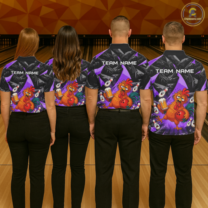 Four people wearing black and purple bowling polo featuring a wild rooster mascot holding a beer mug and red bowling ball, with custom team name text.