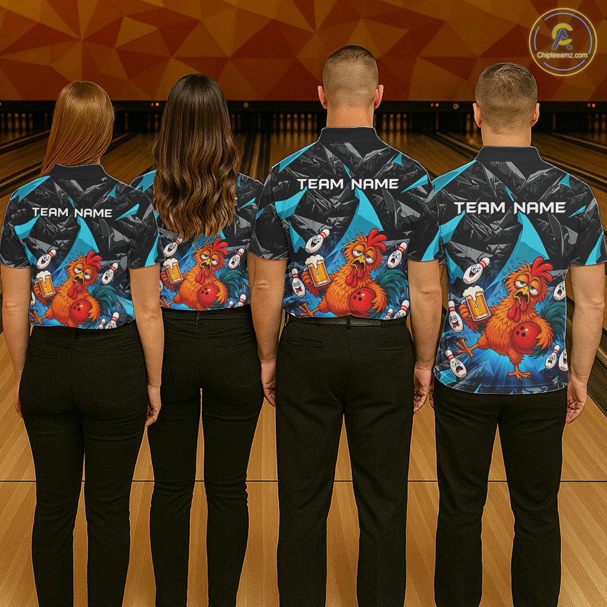 Four people wearing black and turquoise bowling polo featuring a wild rooster mascot holding a beer mug and red bowling ball, with custom team name text