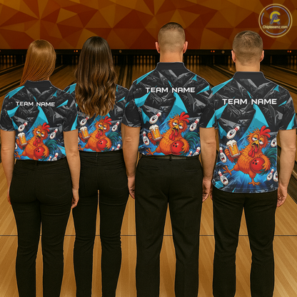 Four people wearing black and turquoise bowling polo featuring a wild rooster mascot holding a beer mug and red bowling ball, with custom team name text