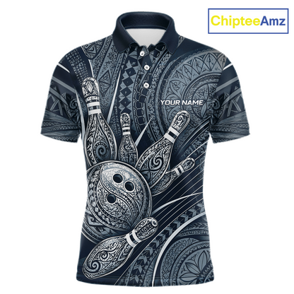 Front view personalized bowling polo shirt with bowling balls and pins arranged within navy blue polynesian tribal patterned artwork across a dark layout.