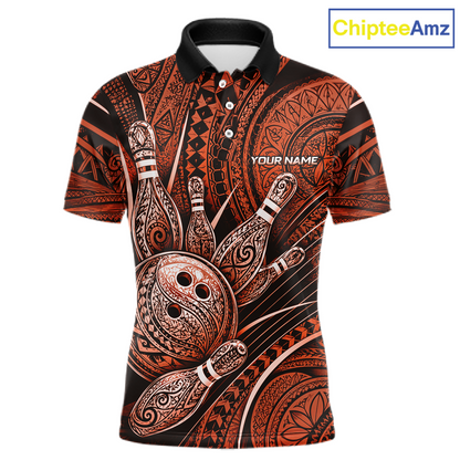 Front view personalized bowling polo shirt with bowling balls and pins arranged within orange polynesian tribal patterned artwork across a dark layout.