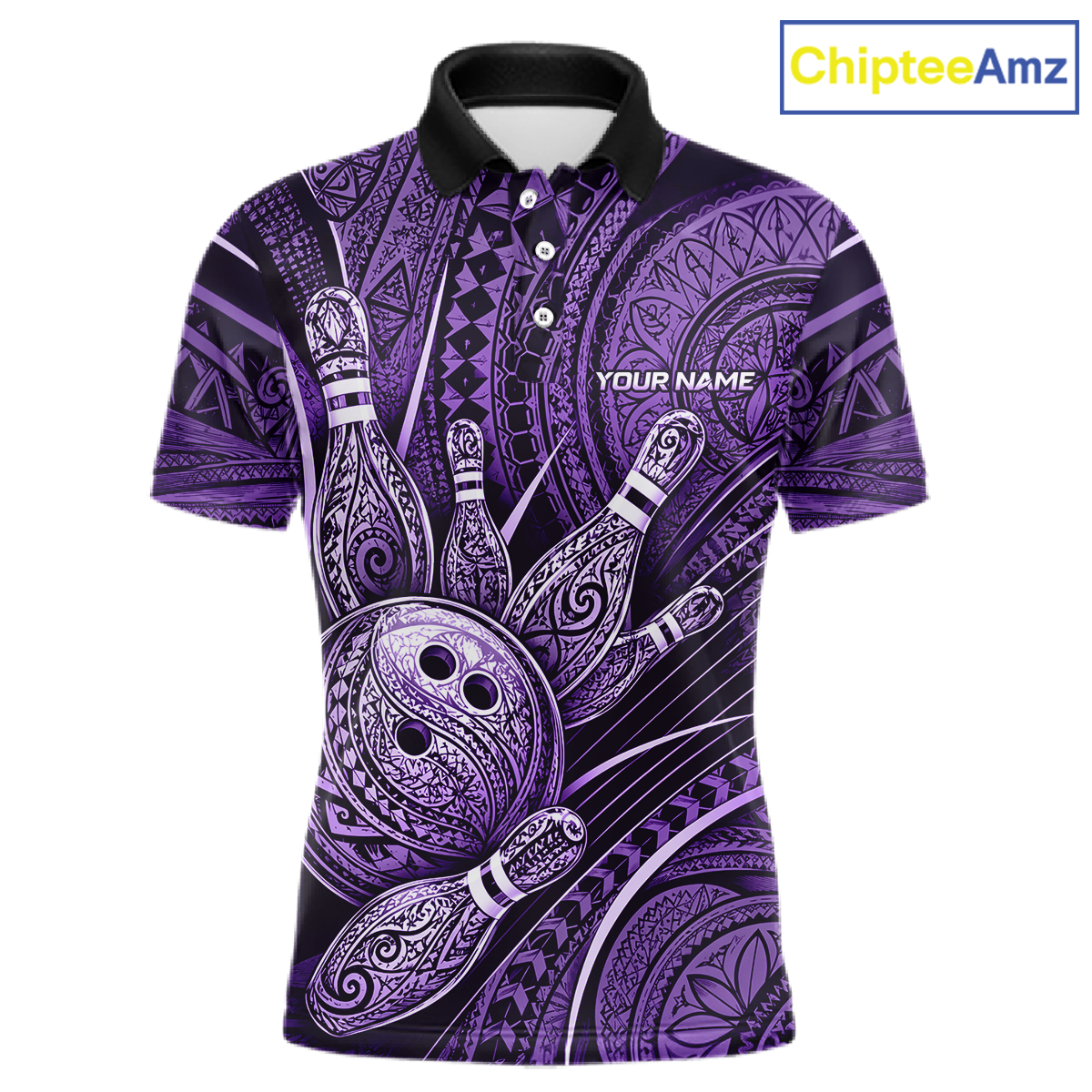 Front personalized bowling polo shirt with bowling balls and pins arranged within purple polynesian tribal patterned artwork across a dark layout.