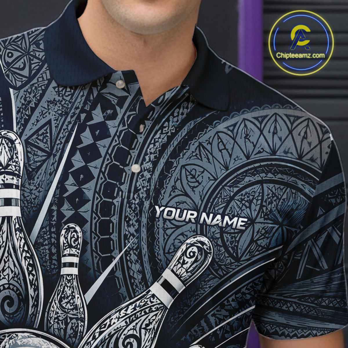 Personalized bowling polo shirt with bowling balls and pins arranged within navy blue polynesian tribal patterned artwork across a dark layout.
