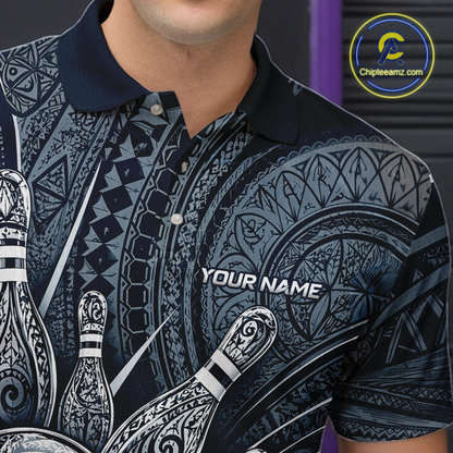 Personalized bowling polo shirt with bowling balls and pins arranged within navy blue polynesian tribal patterned artwork across a dark layout.