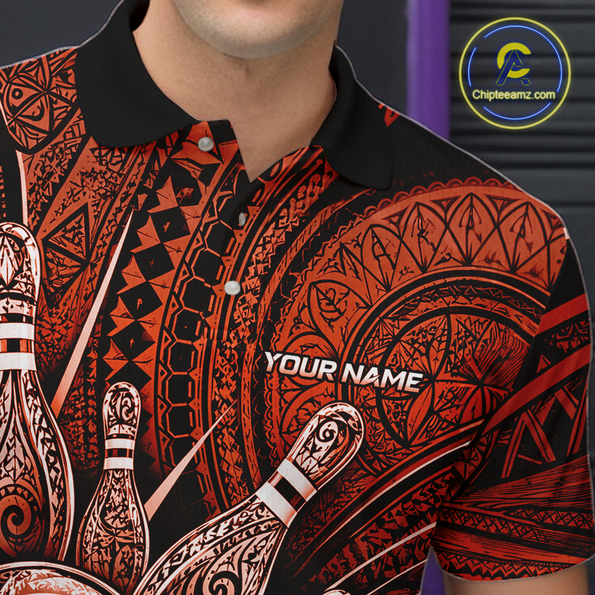 Personalized bowling polo shirt with bowling balls and pins arranged within orange polynesian tribal patterned artwork across a dark layout.