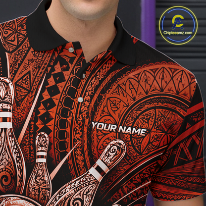 Personalized bowling polo shirt with bowling balls and pins arranged within orange polynesian tribal patterned artwork across a dark layout.