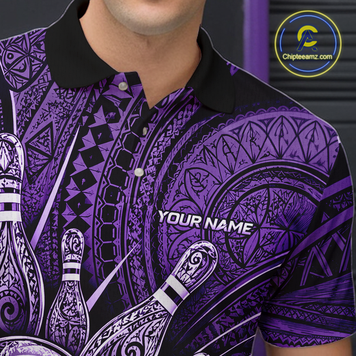 Personalized bowling polo shirt with bowling balls and pins arranged within purple polynesian tribal patterned artwork across a dark layout.