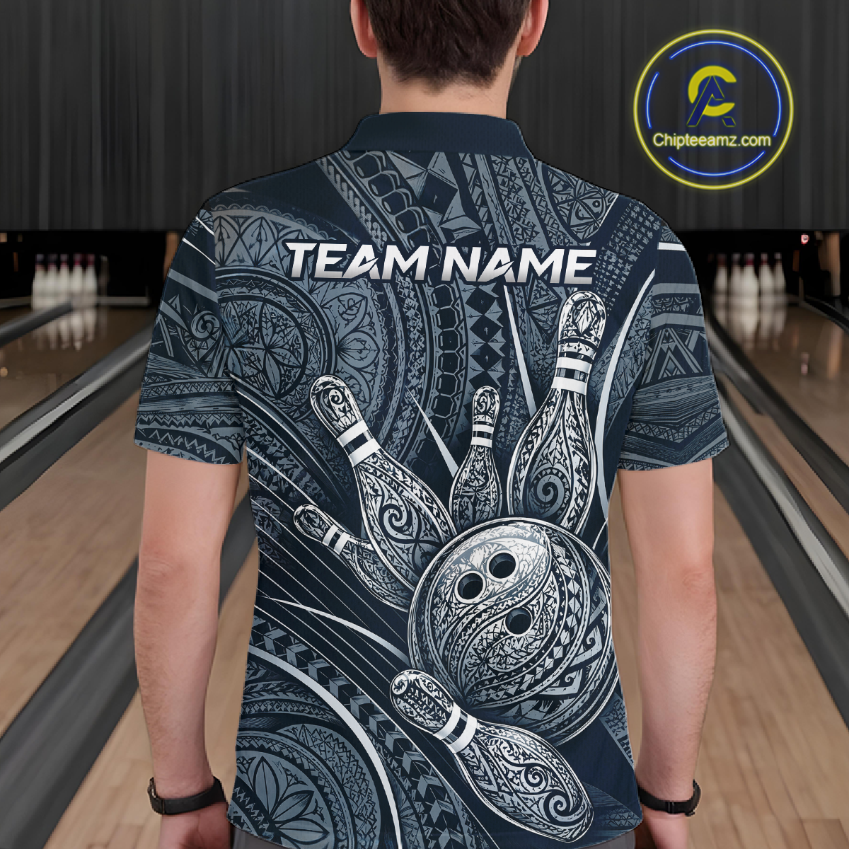 Men wearing personalized bowling polo shirt with bowling balls and pins arranged within navy blue polynesian tribal patterned artwork across a dark layout.