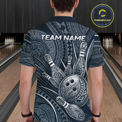 Men wearing personalized bowling polo shirt with bowling balls and pins arranged within navy blue polynesian tribal patterned artwork across a dark layout.