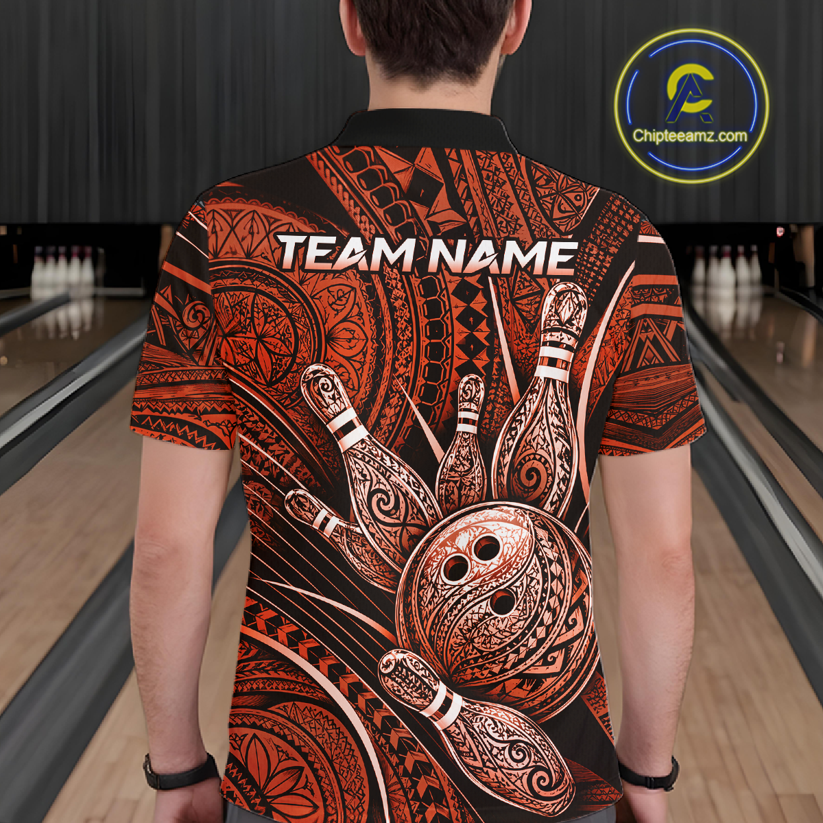 Men wearing personalized bowling polo shirt with bowling balls and pins arranged within orange polynesian tribal patterned artwork across a dark layout.