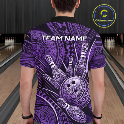 Men wearing personalized bowling polo shirt with bowling balls and pins arranged within purple polynesian tribal patterned artwork across a dark layout.