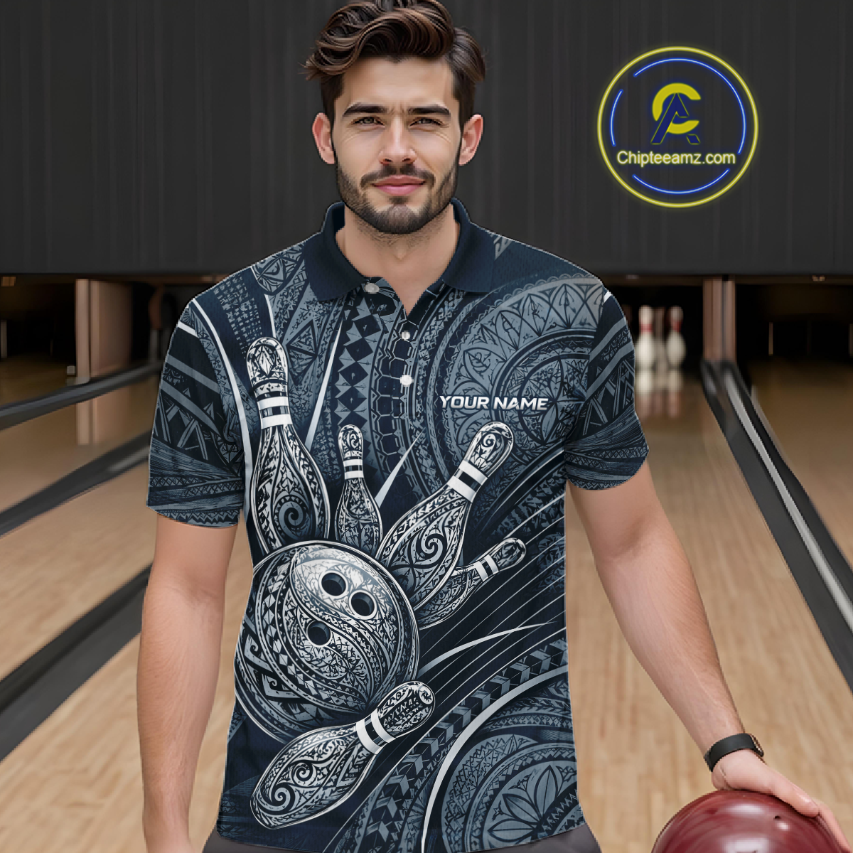 Men wearing personalized bowling polo shirt with bowling balls and pins arranged within navy blue polynesian tribal patterned artwork across a dark layout.