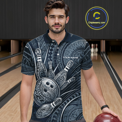 Men wearing personalized bowling polo shirt with bowling balls and pins arranged within navy blue polynesian tribal patterned artwork across a dark layout.