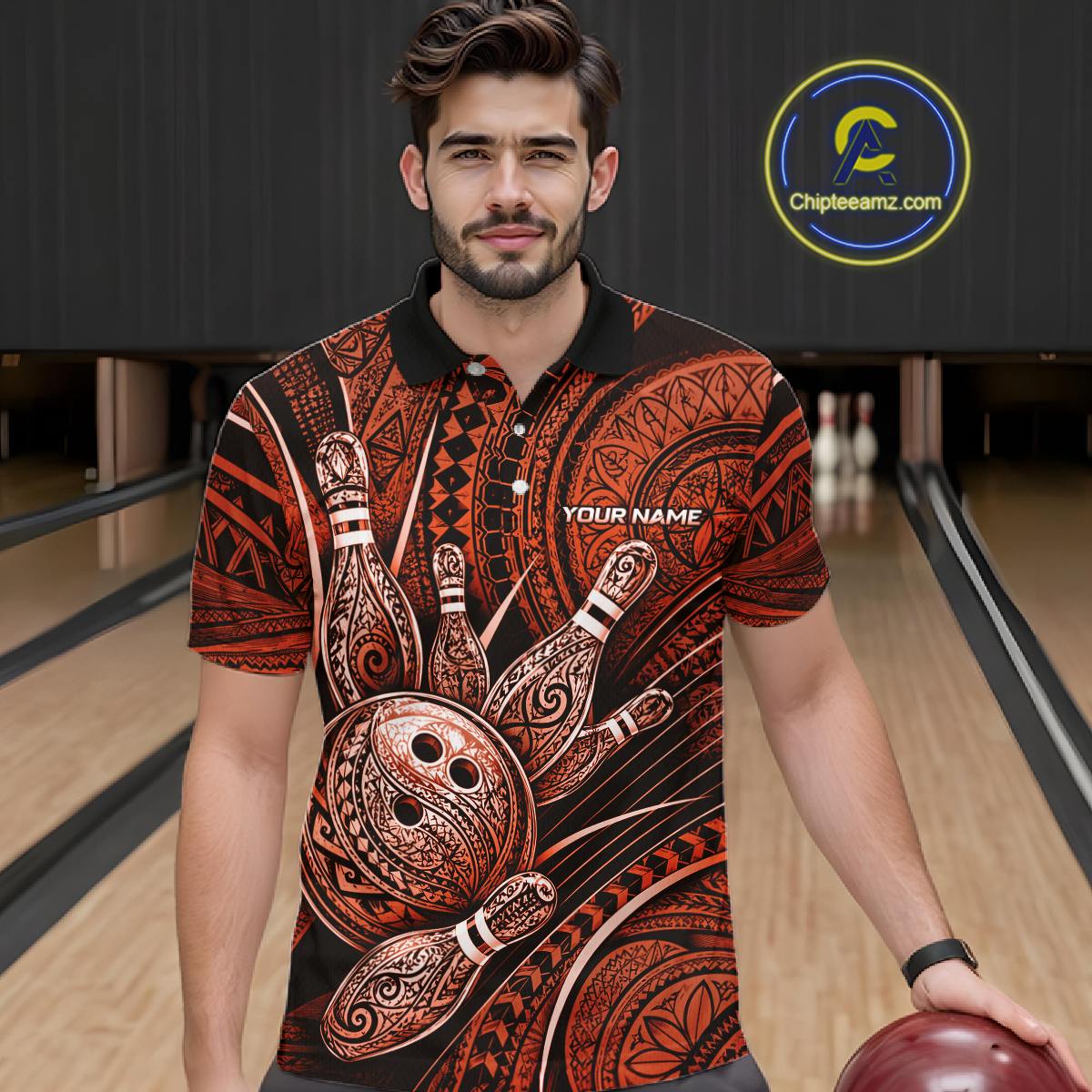 Men wearing personalized bowling polo shirt with bowling balls and pins arranged within orange polynesian tribal patterned artwork across a dark layout.