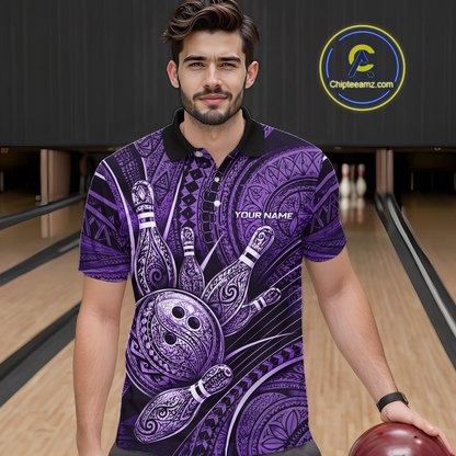 Men wearing personalized bowling polo shirt with bowling balls and pins arranged within purple polynesian tribal patterned artwork across a dark layout.