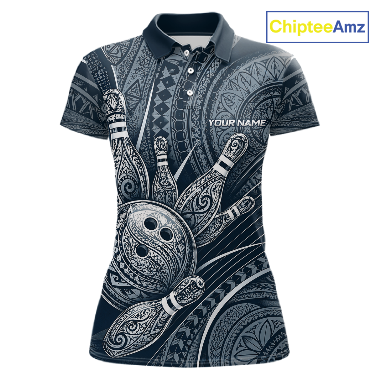 Front view personalized bowling polo shirt with bowling balls and pins arranged within polynesian tribal patterned artwork across a navy blue layout.