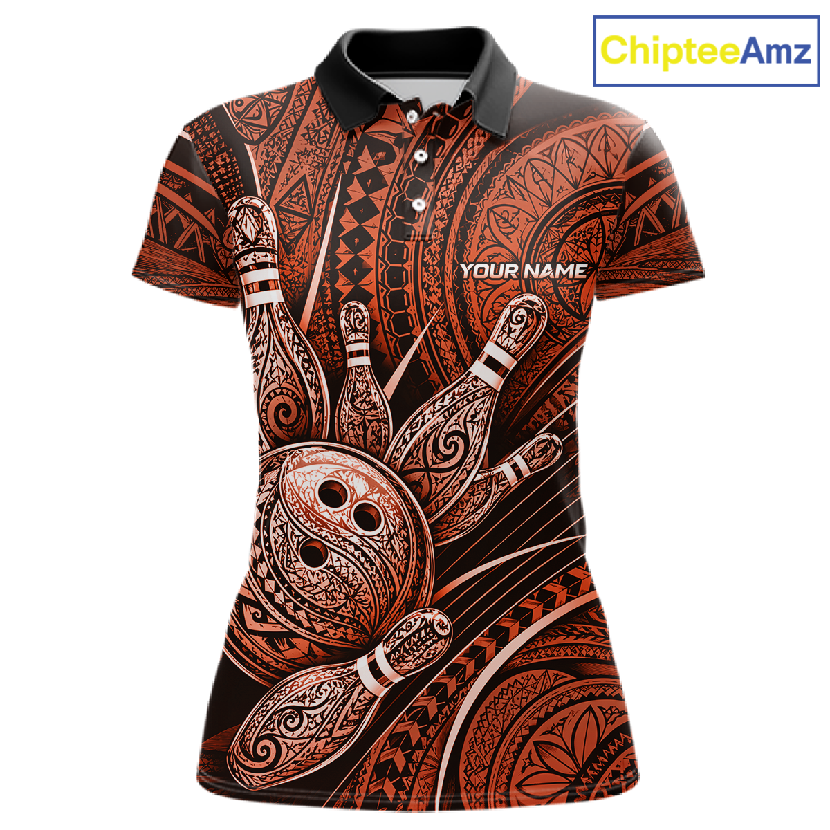 Front view personalized bowling polo shirt with bowling balls and pins arranged within orange polynesian tribal patterned artwork across a dark layout.