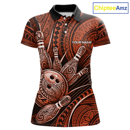 Front view personalized bowling polo shirt with bowling balls and pins arranged within orange polynesian tribal patterned artwork across a dark layout.