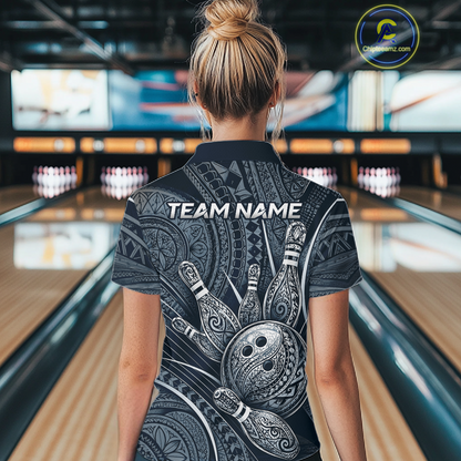 Women wearing personalized bowling polo shirt with bowling balls and pins arranged within polynesian tribal patterned artwork across a navy blue layout.