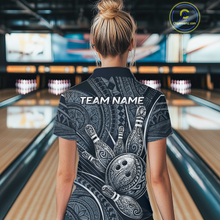 Load image into Gallery viewer, Women wearing personalized bowling quarter zip shirt with bowling balls and pins arranged within polynesian tribal patterned artwork across a navy blue layout.