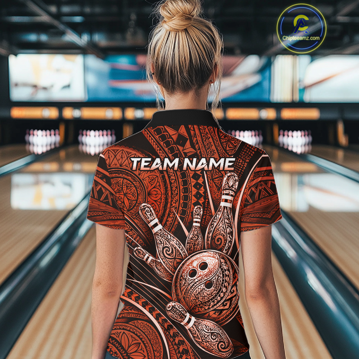 Women personalized bowling polo shirt with bowling balls and pins arranged within orange polynesian tribal patterned artwork across a dark layout.