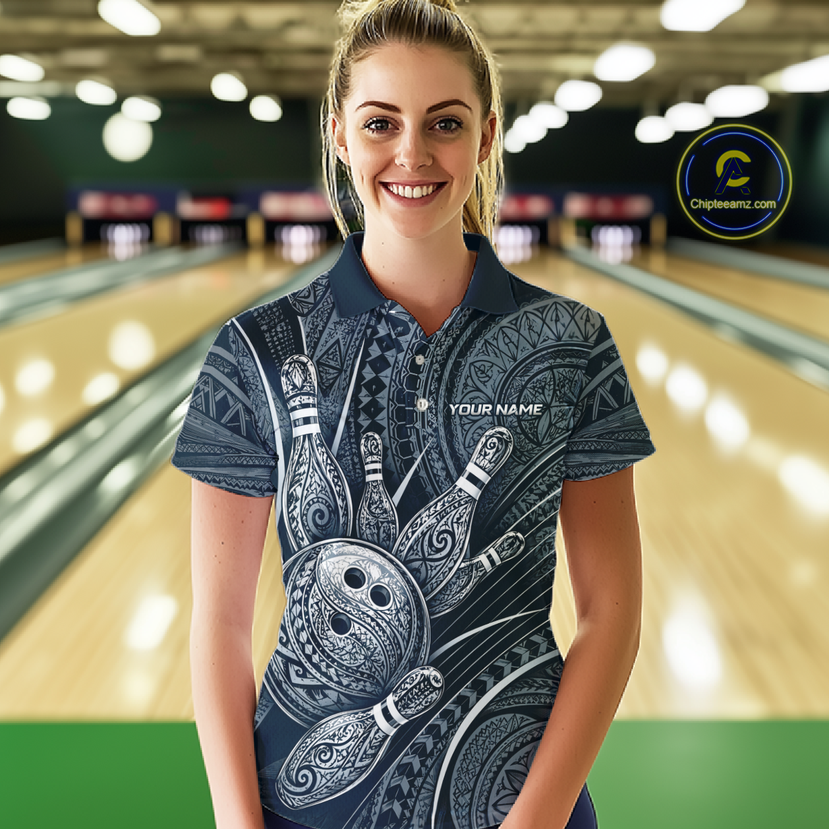 Women wearing personalized bowling polo shirt with bowling balls and pins arranged within polynesian tribal patterned artwork across a navy blue layout.