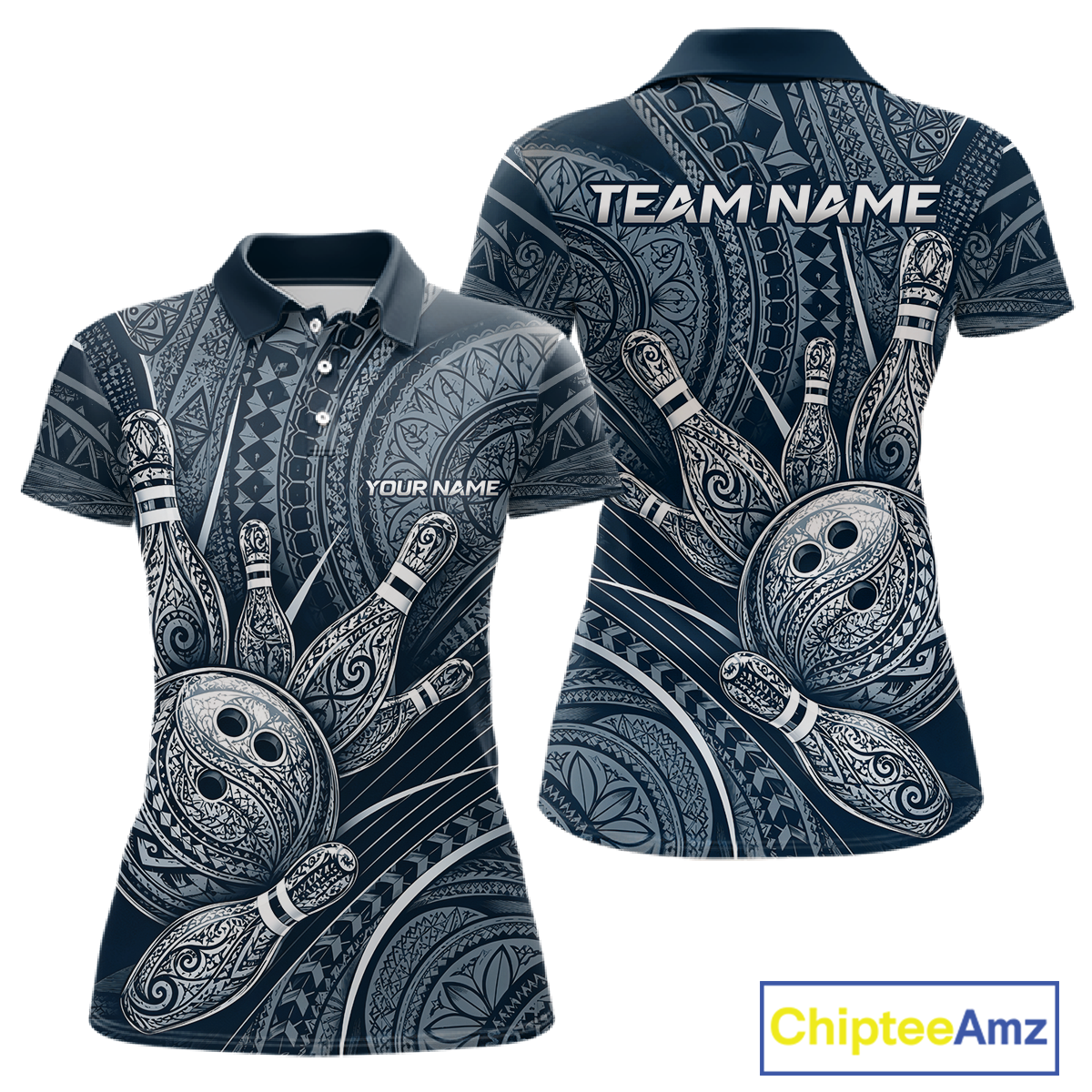 Front and back view personalized bowling polo shirt with bowling balls and pins arranged within polynesian tribal patterned artwork across a navy blue layout.