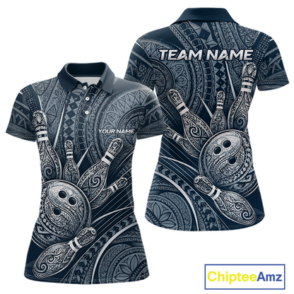 Front and back view personalized bowling polo shirt with bowling balls and pins arranged within polynesian tribal patterned artwork across a navy blue layout.