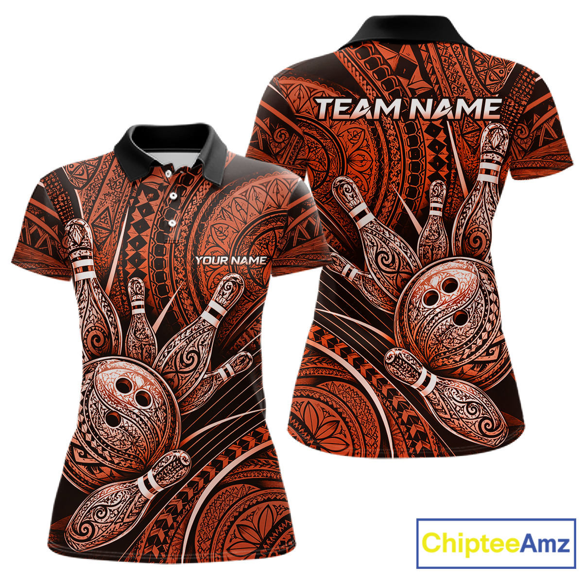 Front and back view personalized bowling polo shirt with bowling balls and pins arranged within orange polynesian tribal patterned artwork across a dark layout.