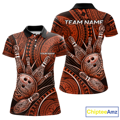 Front and back view personalized bowling polo shirt with bowling balls and pins arranged within orange polynesian tribal patterned artwork across a dark layout.