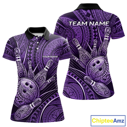 Front and back view personalized bowling polo shirt with bowling balls and pins arranged within polynesian tribal patterned artwork across a purple layout.