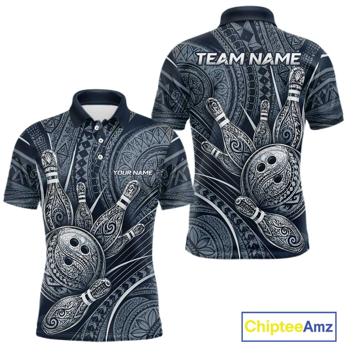 Front and back view personalized bowling polo shirt with bowling balls and pins arranged within navy blue polynesian tribal patterned artwork across a dark layout.