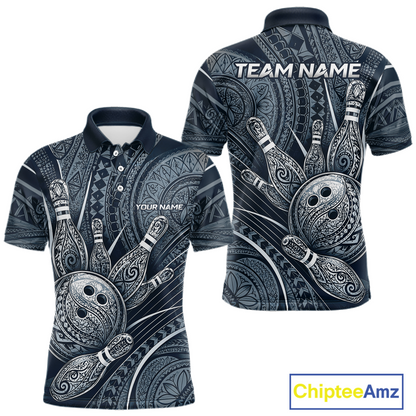 Front and back view personalized bowling polo shirt with bowling balls and pins arranged within navy blue polynesian tribal patterned artwork across a dark layout.