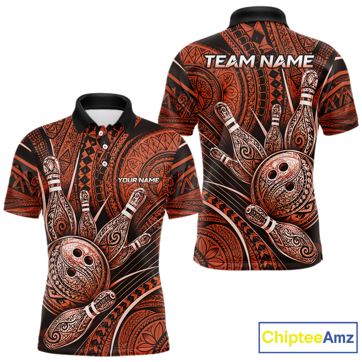 Front and back view personalized bowling polo shirt with bowling balls and pins arranged within orange polynesian tribal patterned artwork across a dark layout.