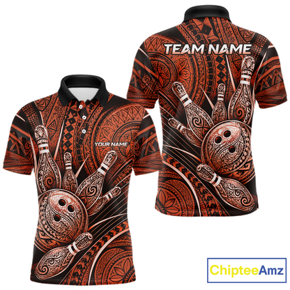 Front and back view personalized bowling polo shirt with bowling balls and pins arranged within orange polynesian tribal patterned artwork across a dark layout.