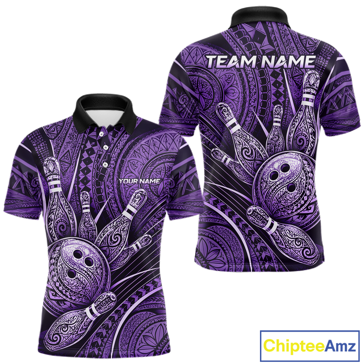 Front and back view personalized bowling polo shirt with bowling balls and pins arranged within purple polynesian tribal patterned artwork across a dark layout.