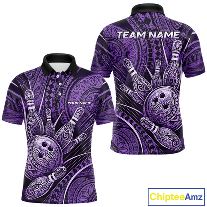Front and back view personalized bowling polo shirt with bowling balls and pins arranged within purple polynesian tribal patterned artwork across a dark layout.
