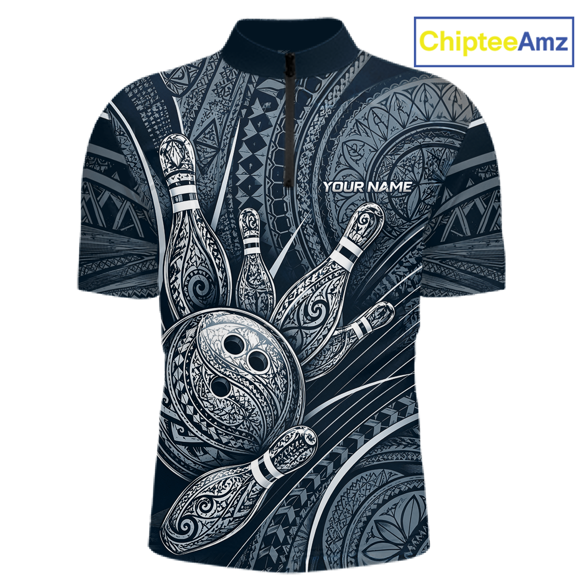 Front view personalized bowling quarter zip shirt with bowling balls and pins arranged within navy blue polynesian tribal patterned artwork across a dark layout.