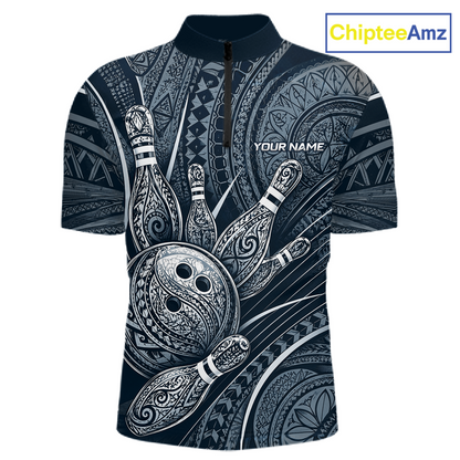 Front view personalized bowling quarter zip shirt with bowling balls and pins arranged within navy blue polynesian tribal patterned artwork across a dark layout.