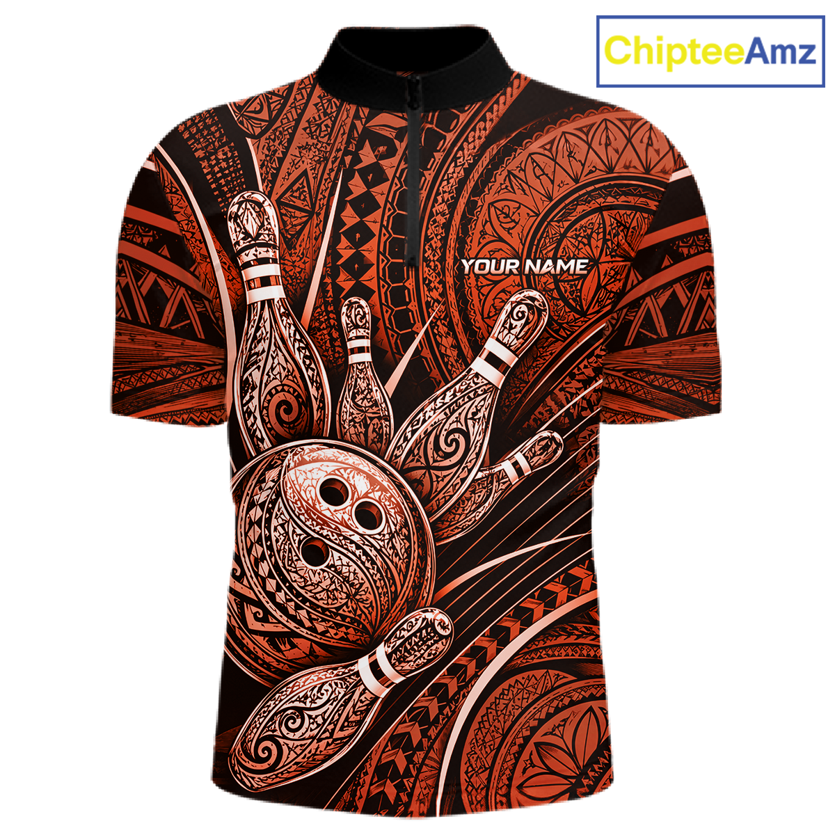 Front view personalized bowling quarter zip shirt with bowling balls and pins arranged within orange polynesian tribal patterned artwork across a dark layout.